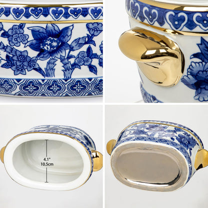 Blue Floral Oval Ceramic Cachepot, 10.6 in