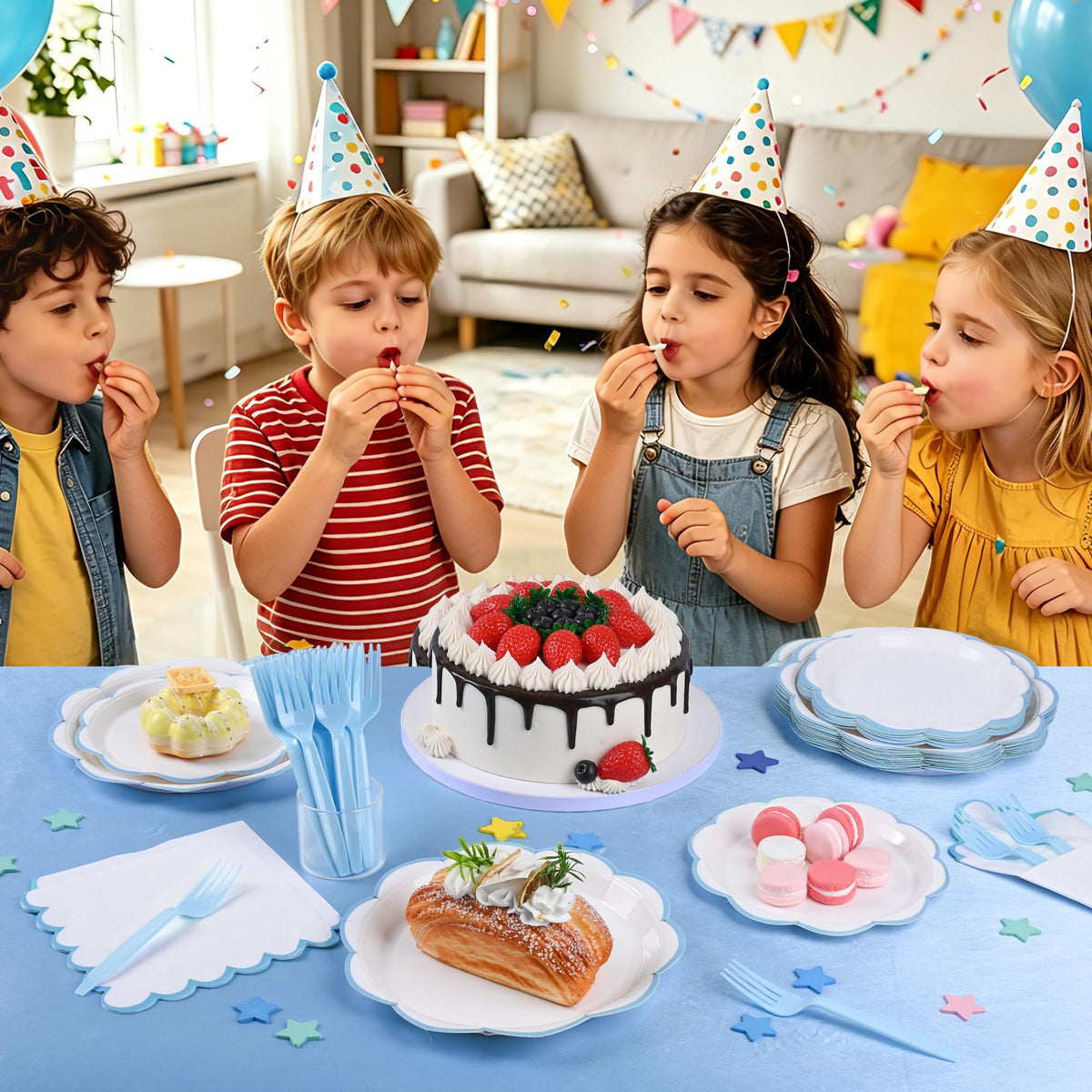 Blue Scalloped Paper Plates and Napkins, Serves 24