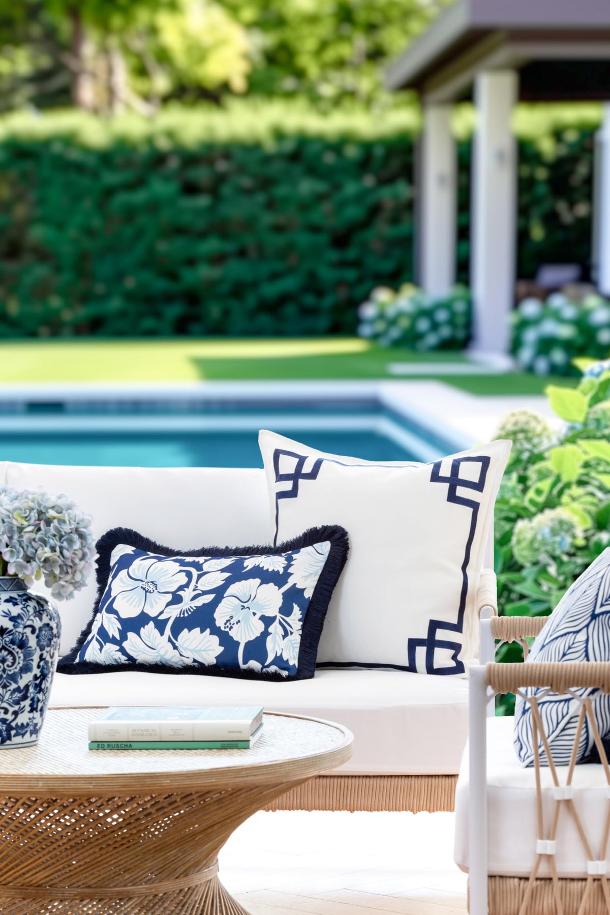 Navy Greek Key Outdoor Lumbar Pillow Cover, 12x20
