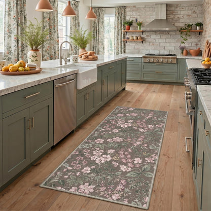 Bavni Dusty Blue Floral Washable Rug