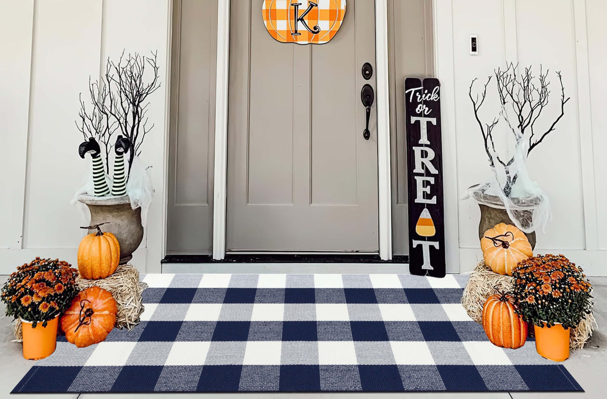 Light Blue Buffalo Plaid Cotton Door Mat, 24x35