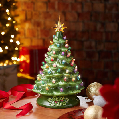 Hand Painted Ceramic Christmas Tree, 15 Inch Pre-Lit