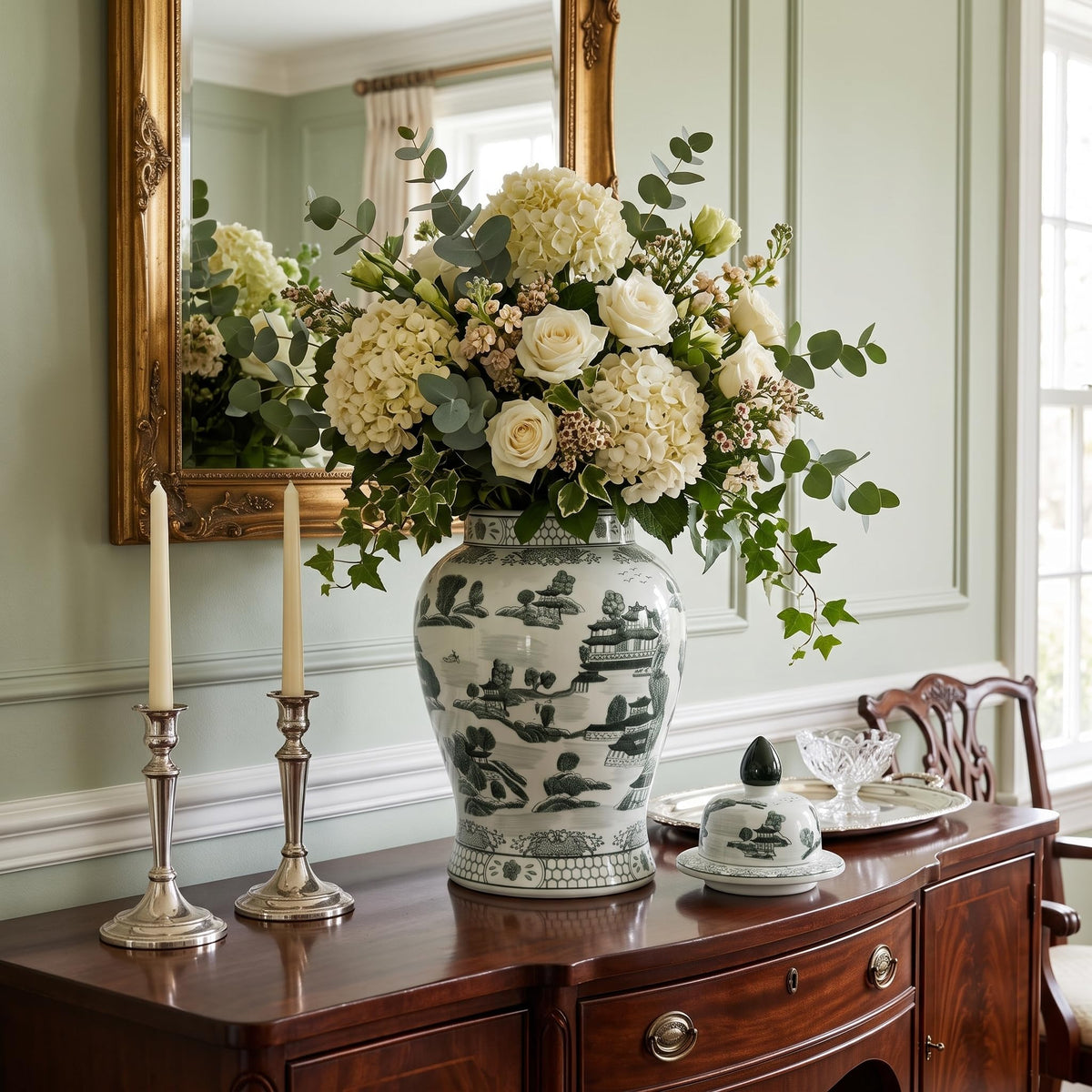 Large 25 Inch Blue and White Chinoiserie Temple Jar