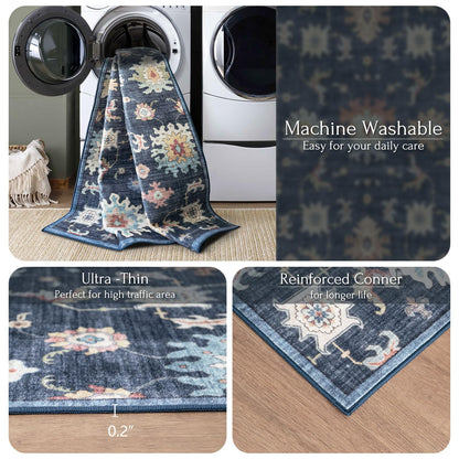 Washable Area Rug, Delft Blue Vintage Floral