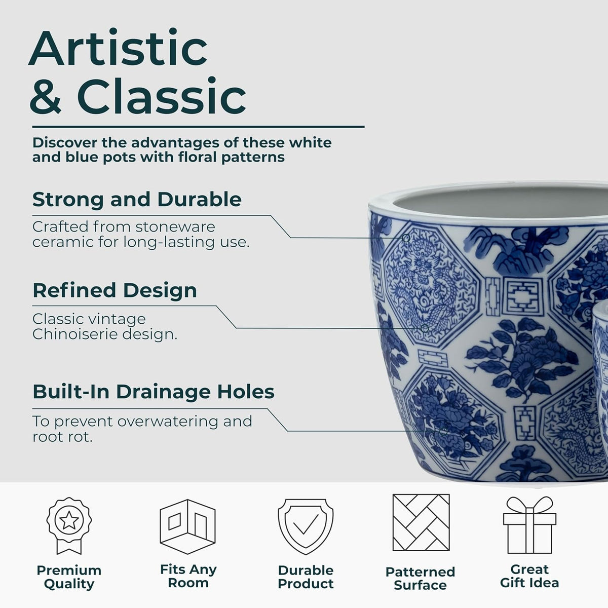 Blue and White Scenic Ceramic Planters, Set of 3