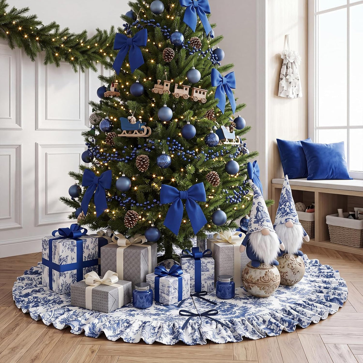 Blue Chinoiserie Christmas Tree Skirt, 48 Inch