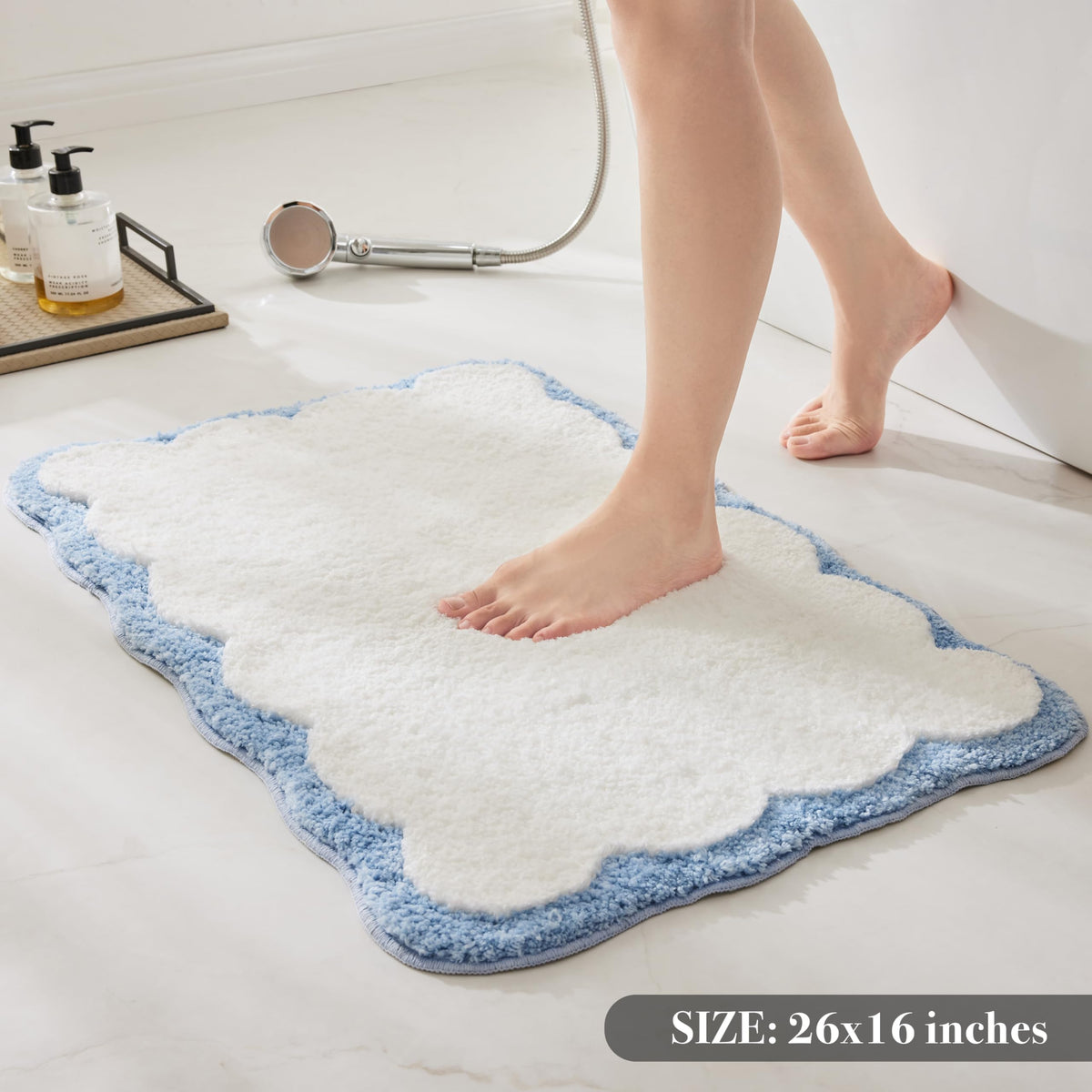 White Scalloped Bath Mat with Blue Piping