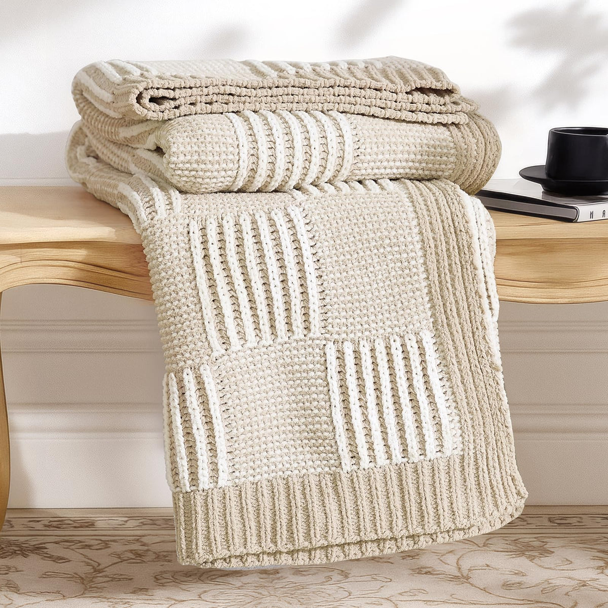 Checkered Knit Throw Blanket, Blue, 50 x 60 Inch