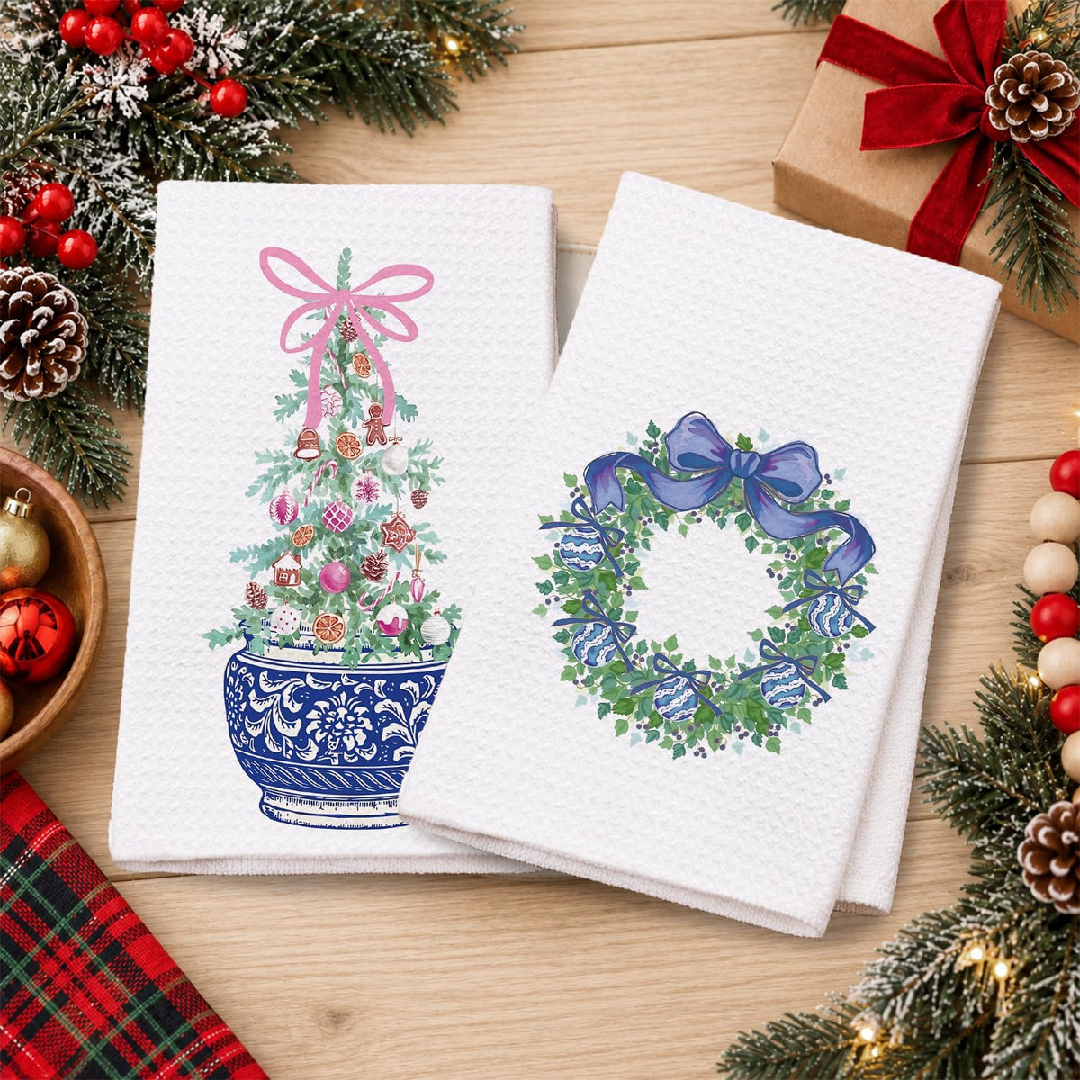 Chinoiserie Christmas Kitchen Hand Towels, 16x24 Inch