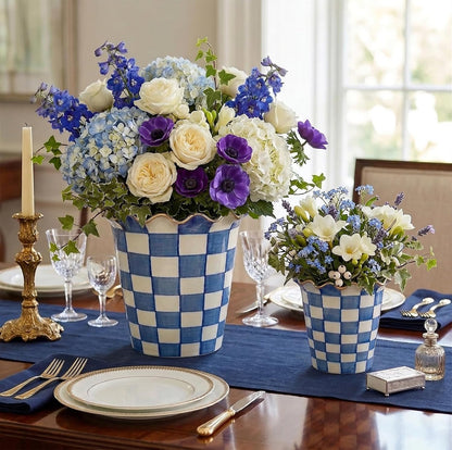 Blue and White Checkered Ceramic Planter, 6 Inch