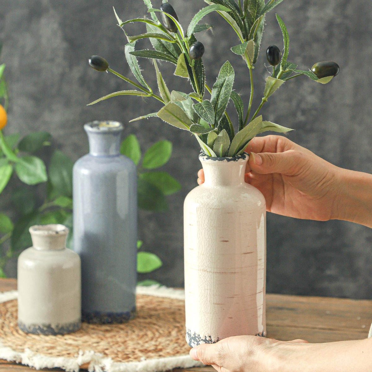 Vintage Blue and White Ceramic Vases, Set of 3