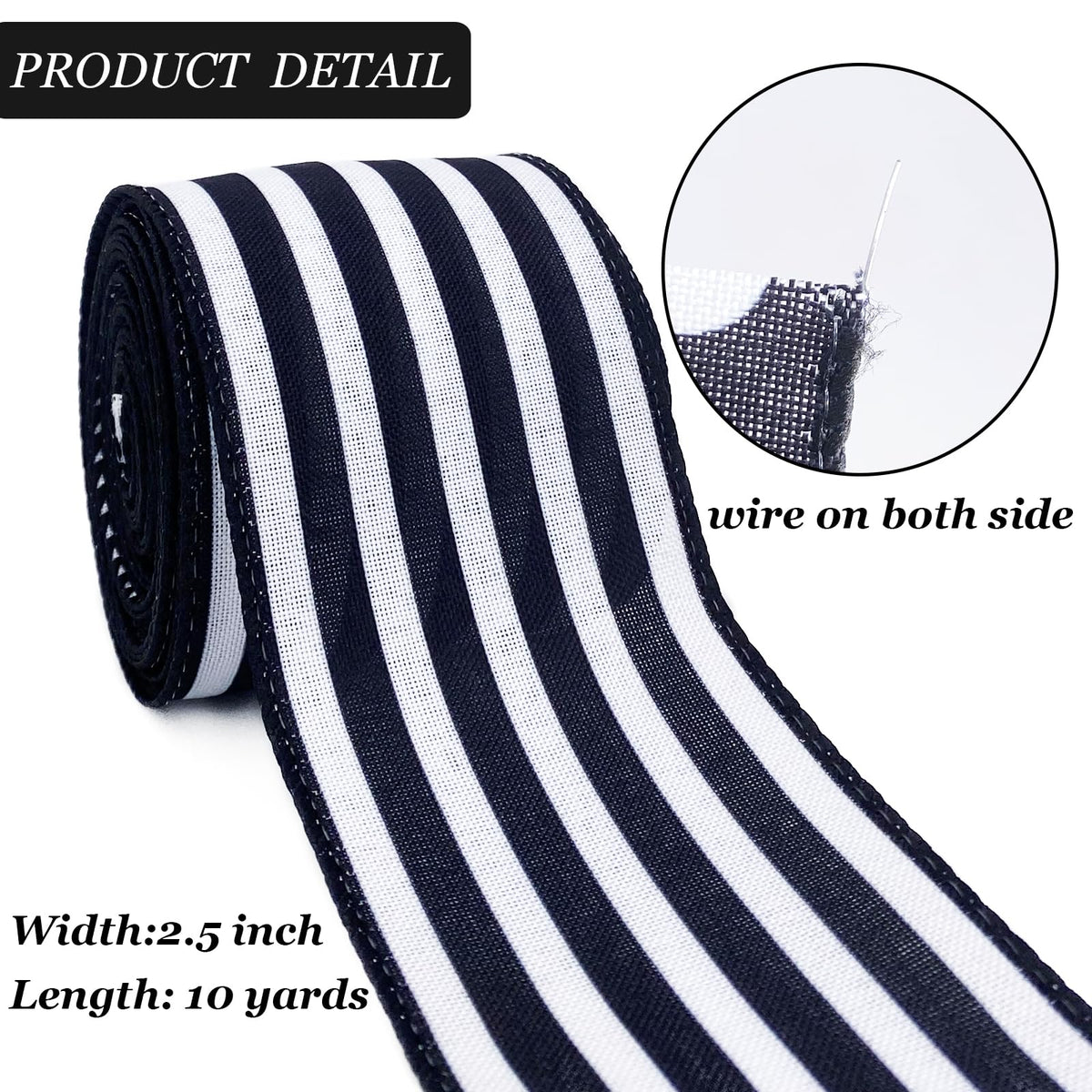 Royal Blue and White Striped Wired Ribbon, 2.5 Inch