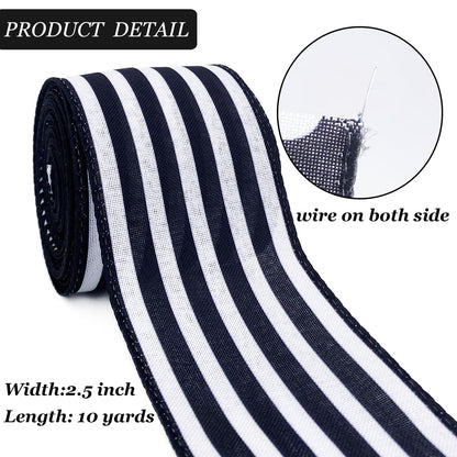 Royal Blue and White Striped Wired Ribbon, 2.5 Inch