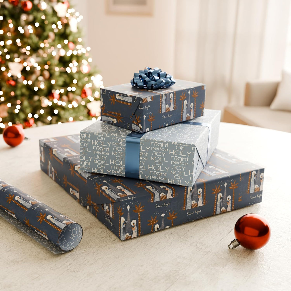 Navy and White Nativity Christmas Wrapping Paper