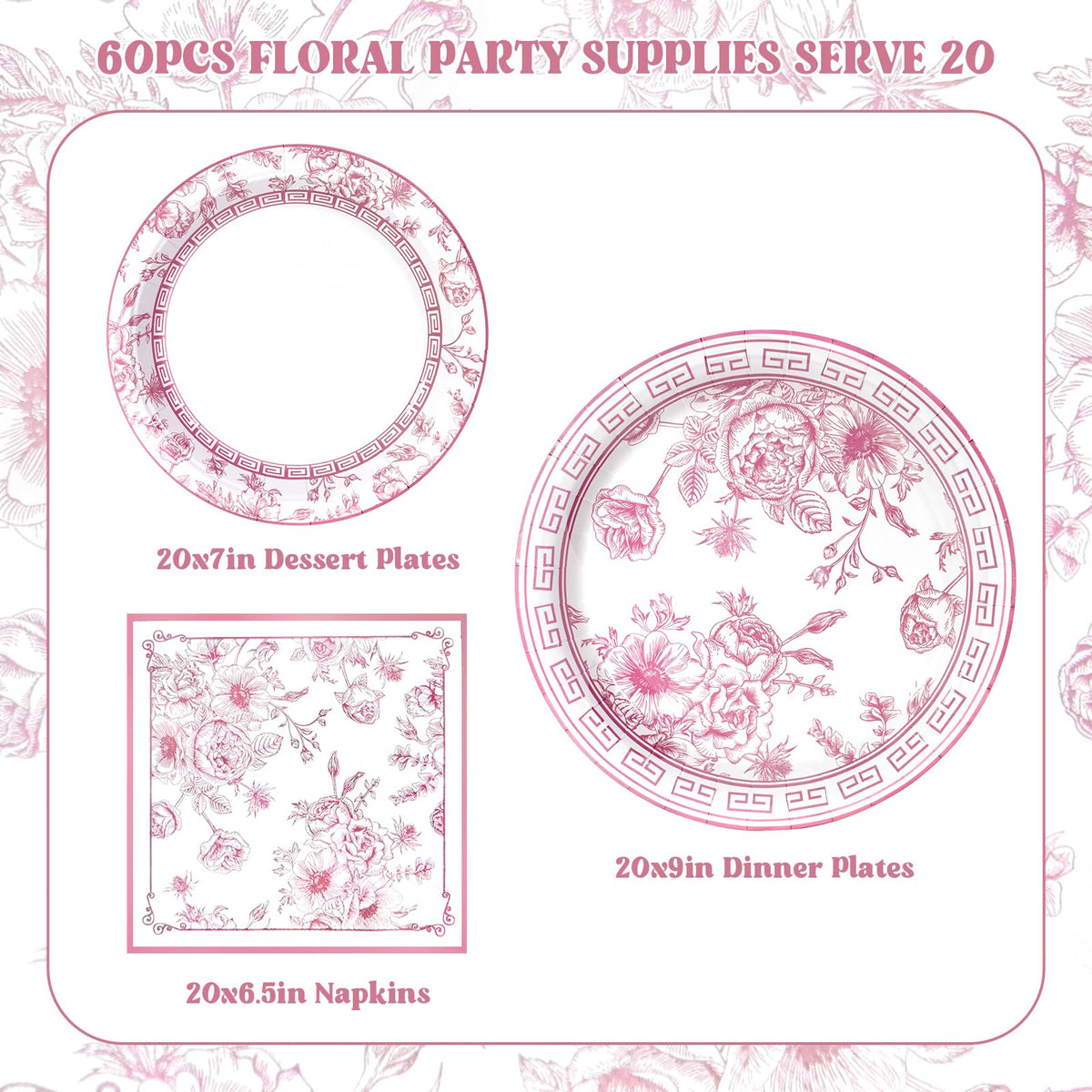 Blue and White Floral Paper Plates and Napkins, Serves 20