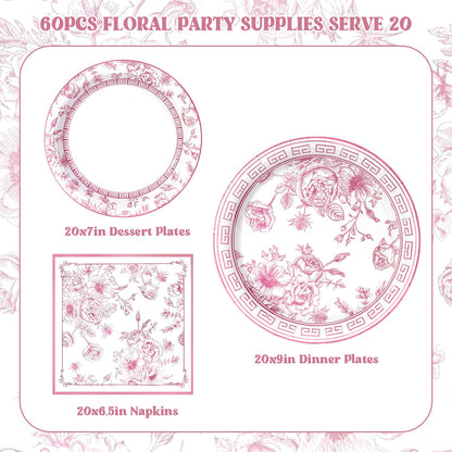 Blue and White Floral Paper Plates and Napkins, Serves 20