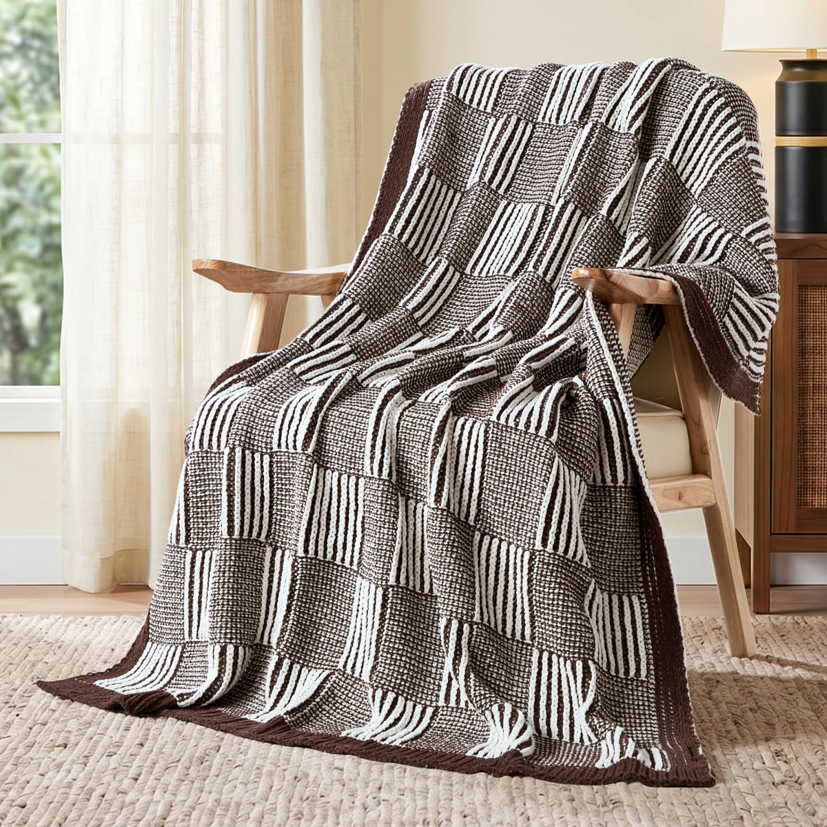 Checkered Knit Throw Blanket, Blue, 50 x 60 Inch