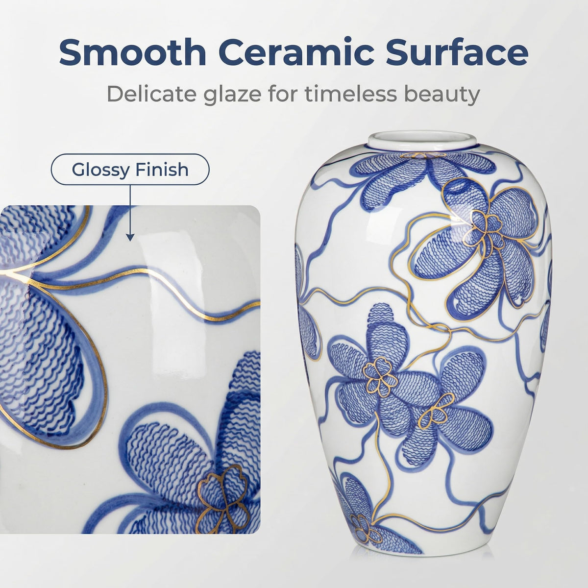 Hand-Painted Blue and White Vase with Gold Accents
