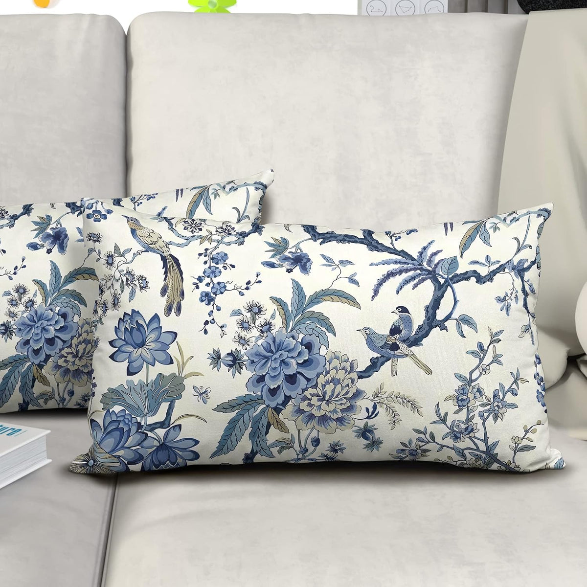 Blue and White Chinoiserie Lumbar Pillow Covers, 12x20, Set of 2