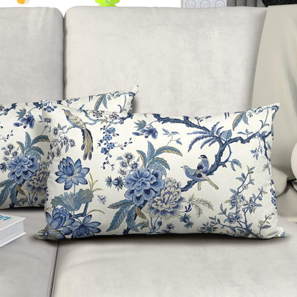 Blue and White Chinoiserie Lumbar Pillow Covers, 12x20, Set of 2