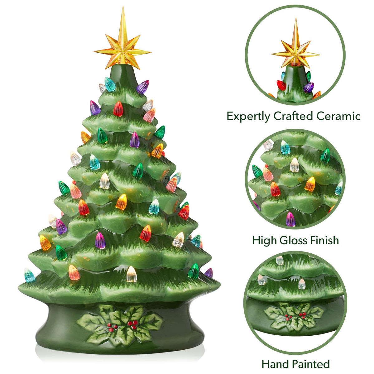 Hand Painted Ceramic Christmas Tree, 15 Inch Pre-Lit