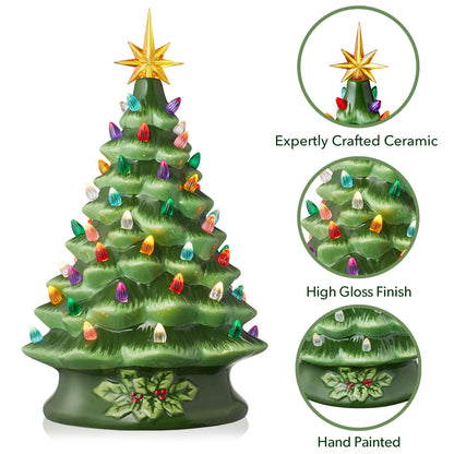 Hand Painted Ceramic Christmas Tree, 15 Inch Pre-Lit