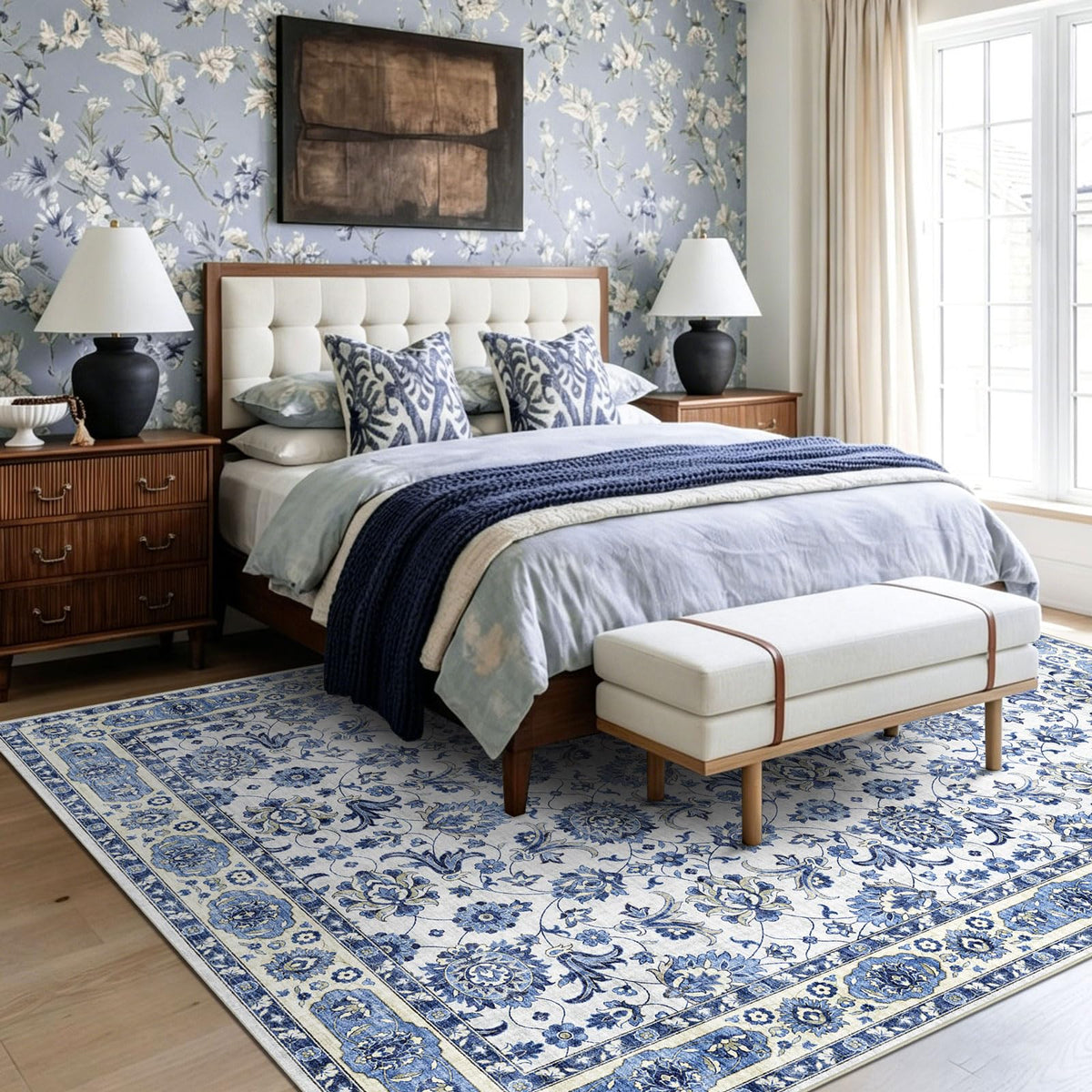 Washable Area Rug, Delft Blue Vintage Floral