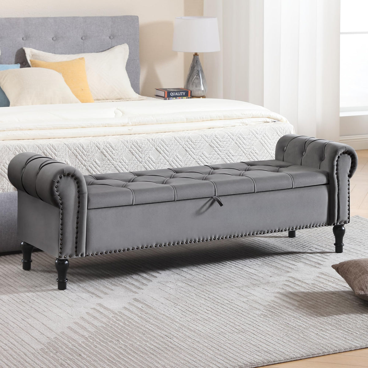 Navy Velvet Tufted Storage Bench