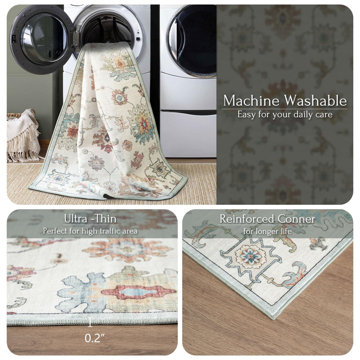 Washable Area Rug, Delft Blue Vintage Floral