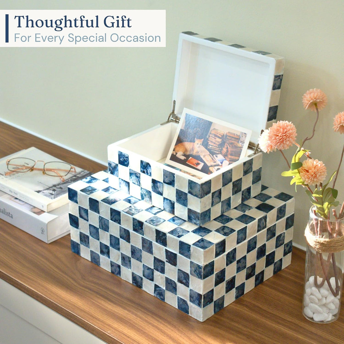 Navy Capiz Shell Storage Boxes, Set of 2