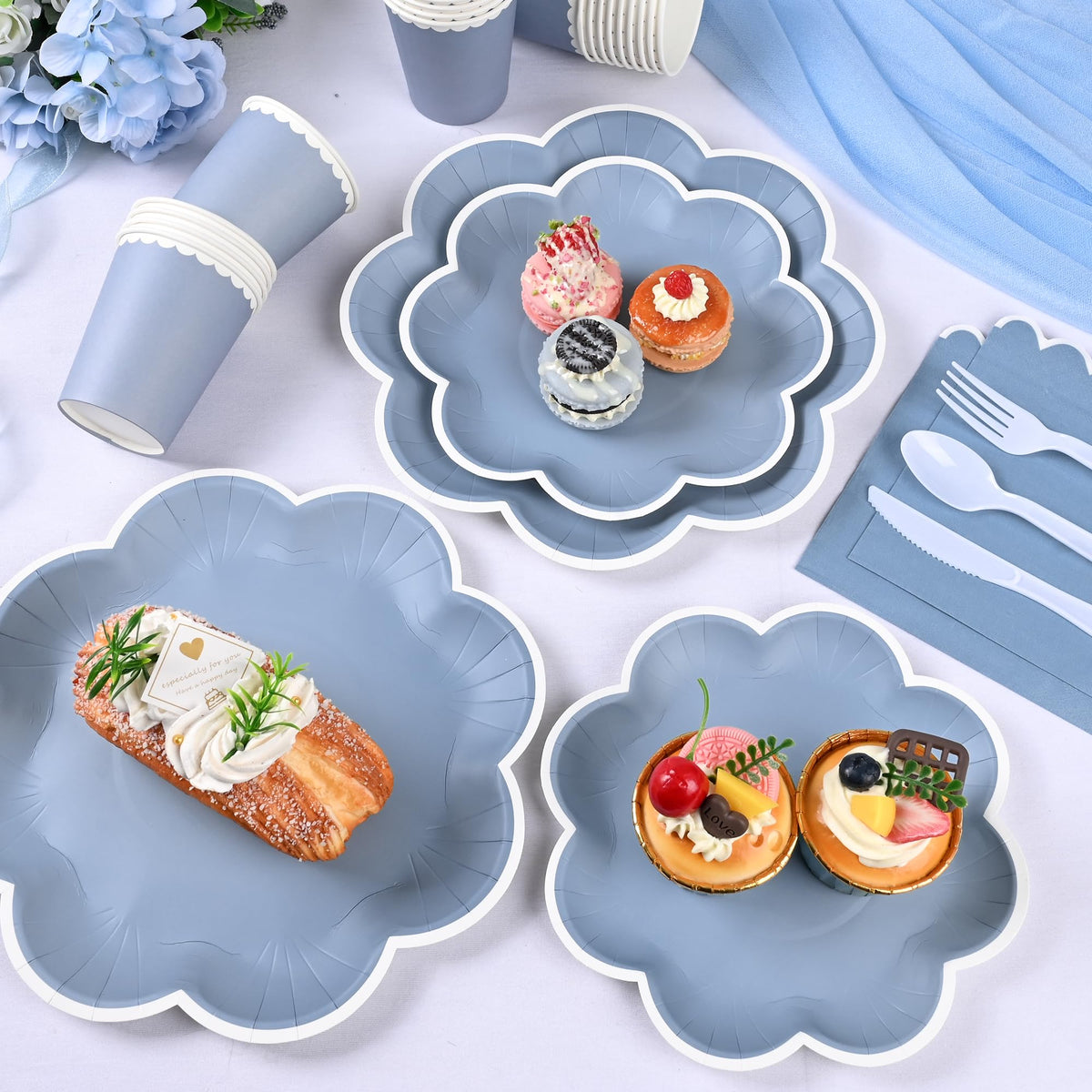 Blue and White Paper Tableware Set, Serves 50