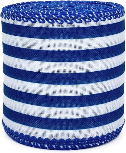 Royal Blue and White Striped Wired Ribbon, 2.5 Inch