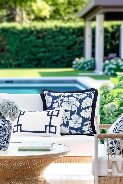Navy Greek Key Outdoor Lumbar Pillow Cover, 12x20