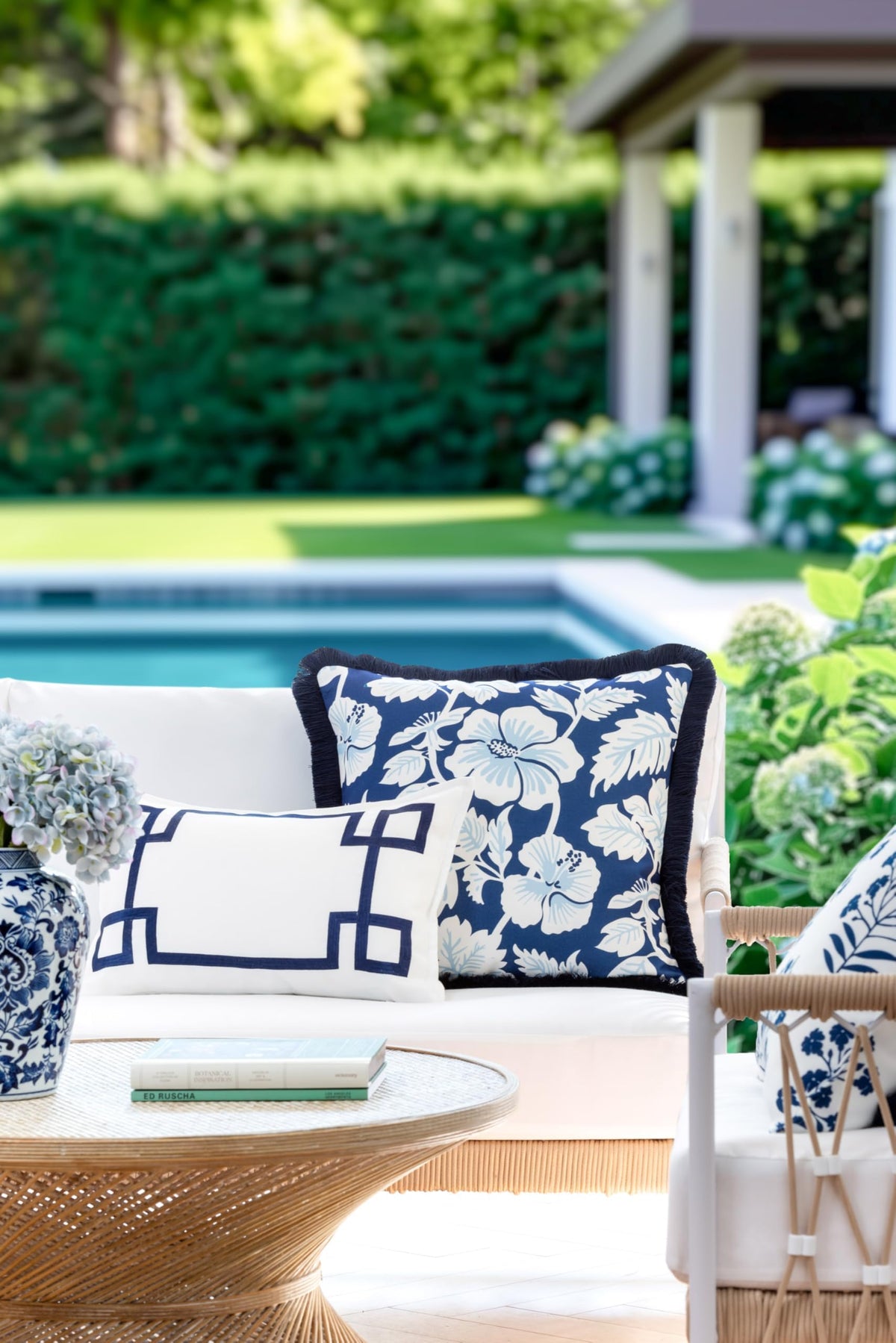 Navy Greek Key Outdoor Lumbar Pillow Cover, 12x20
