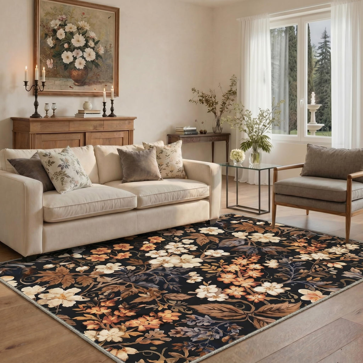 Bavni Dusty Blue Floral Washable Rug