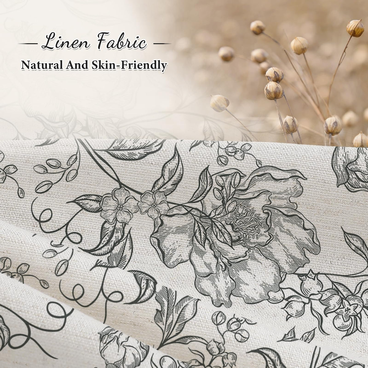 Blue Floral Linen Blend Shower Curtain