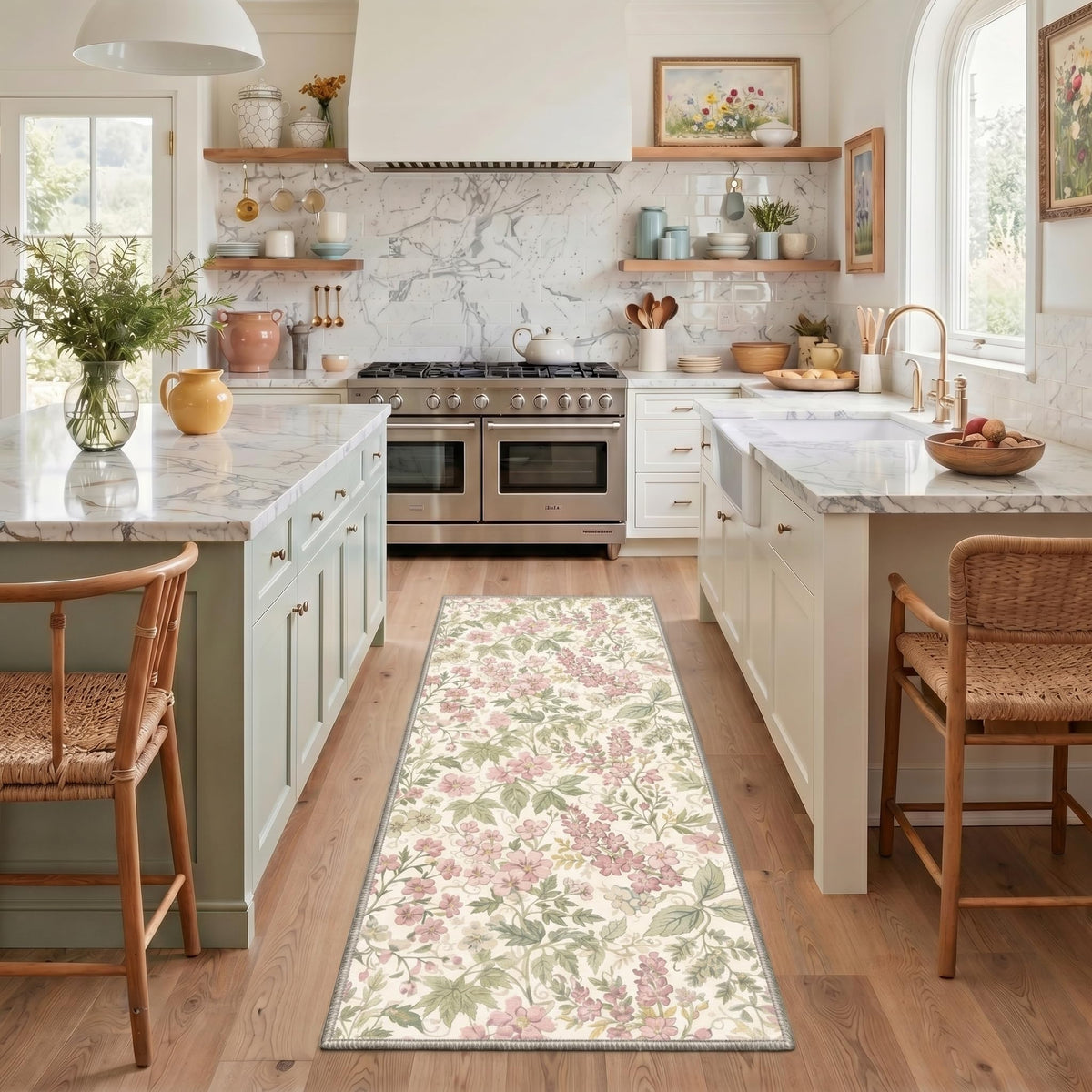 Bavni Dusty Blue Floral Washable Rug