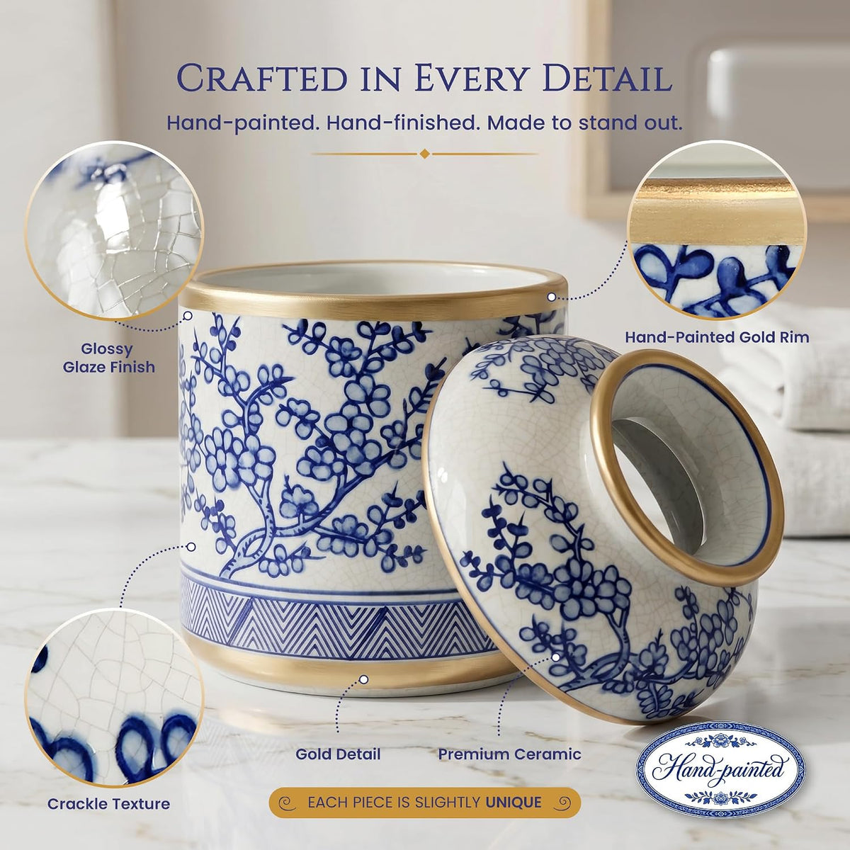 Round Chinoiserie Ceramic Tissue Holder with Lid