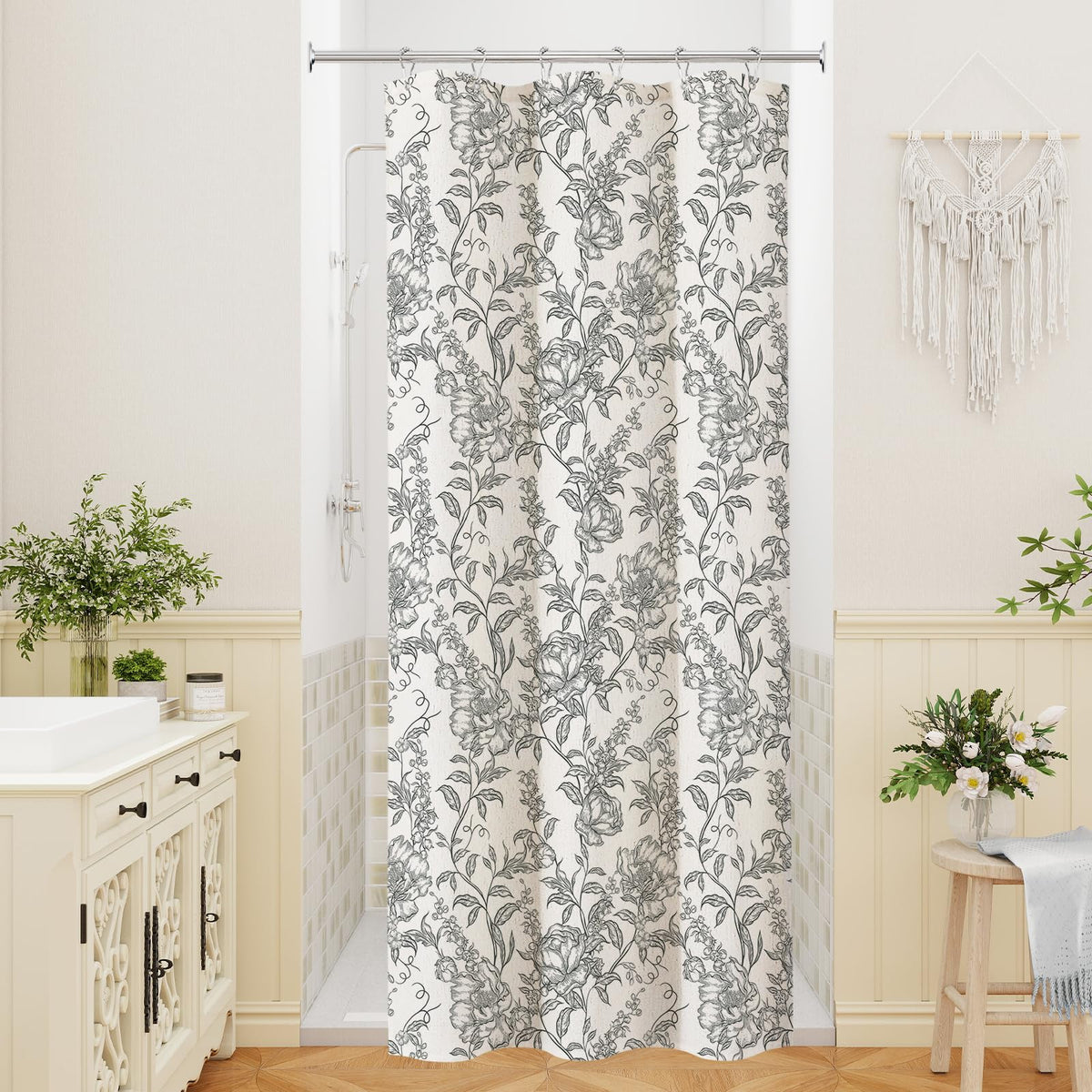 Blue Floral Linen Blend Shower Curtain