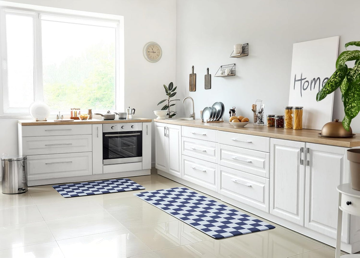 Navy Checkered Kitchen Mats, Set of 2
