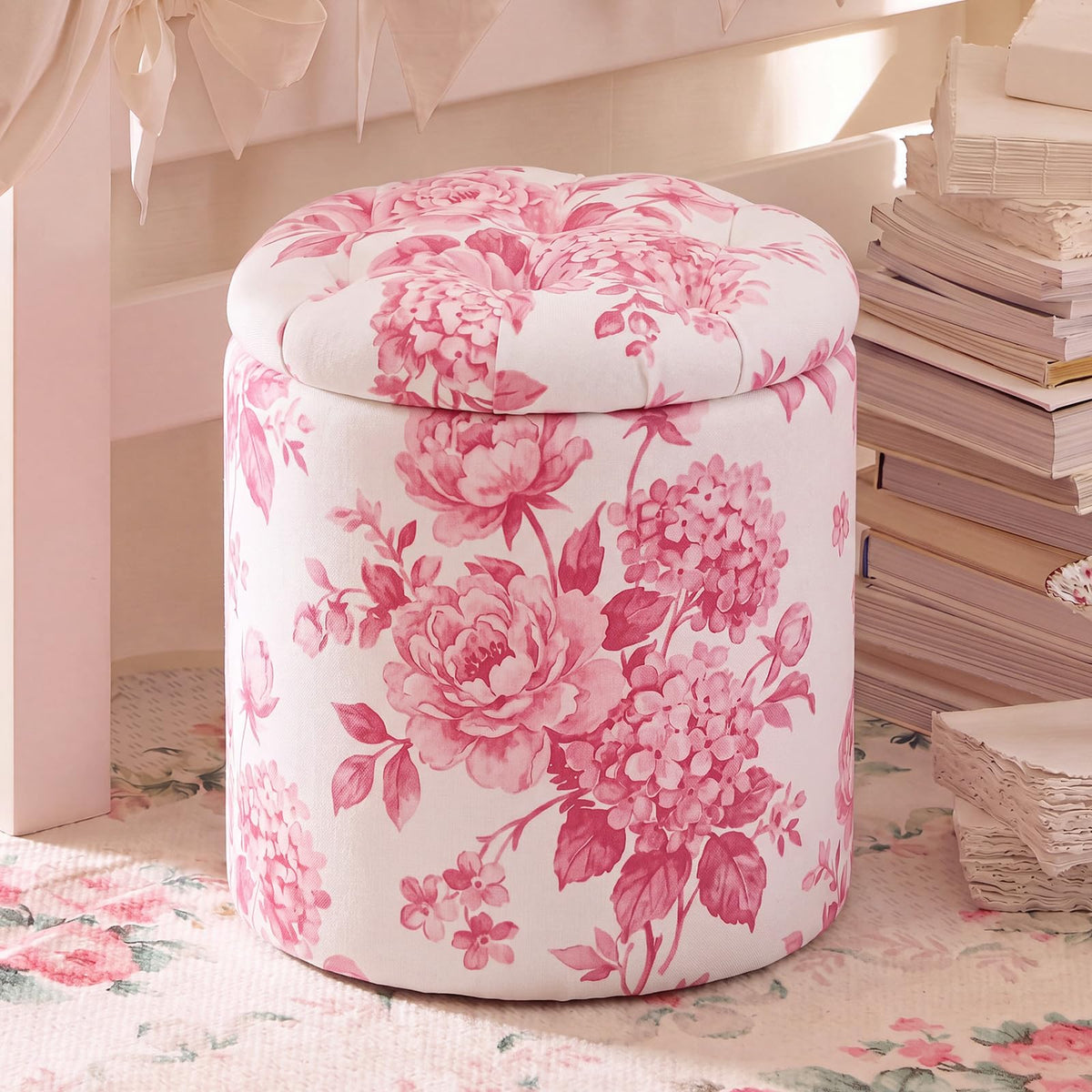 Blue Damask Tufted Round Ottoman, 16 Inch