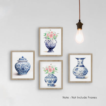 Blue and White Porcelain Vase Prints, Set of 4