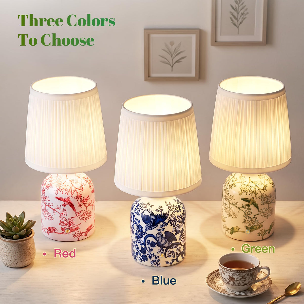 Blue and White Ceramic Cordless Lamps, Set of 2