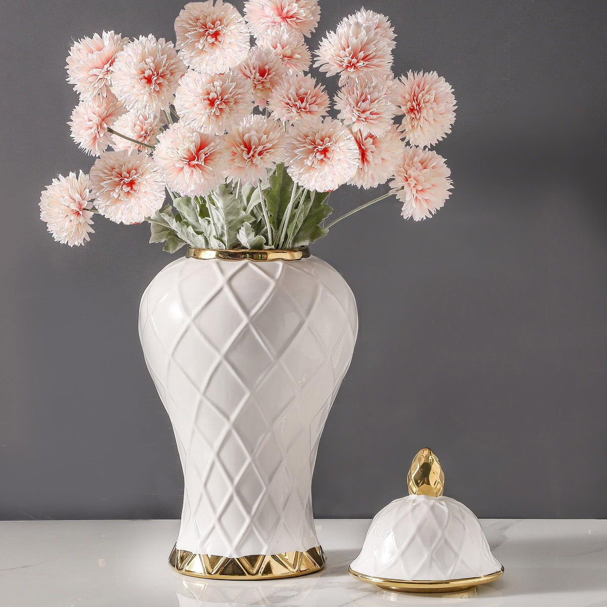 White and Gold Ceramic Ginger Jar, 12 to 18 Inch