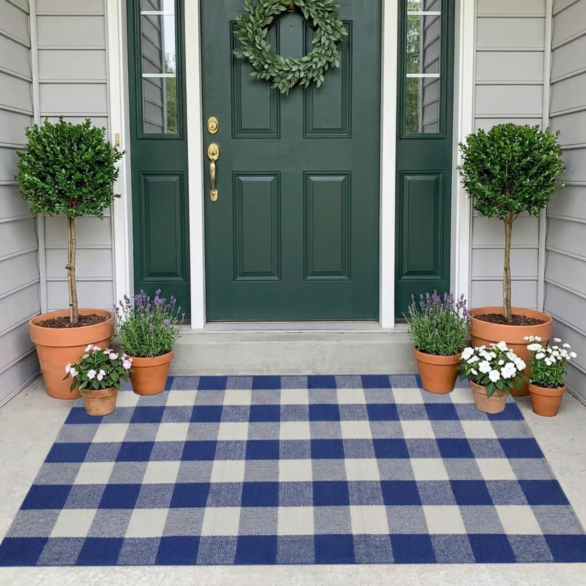 MUBIN Blue White Plaid Cotton Rug, 27.5x43