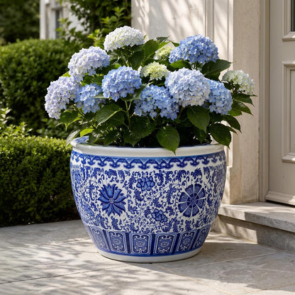 Blue and White Fishbowl Planter, 16 Inch