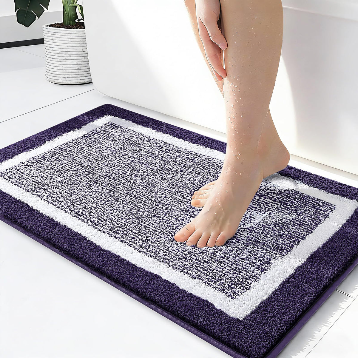 Navy and White Microfiber Bath Rug, 36 x 24