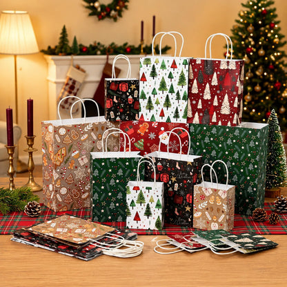 Blue Toile Christmas Kraft Gift Bags, Set of 18