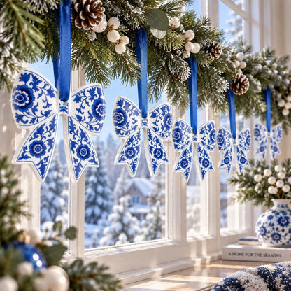 Blue and White Porcelain Bow Ornaments, Set of 6