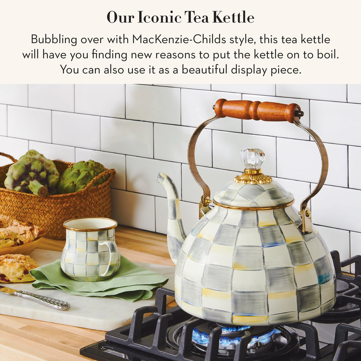 MacKenzie-Childs Enamel Tea Kettle, Royal Check